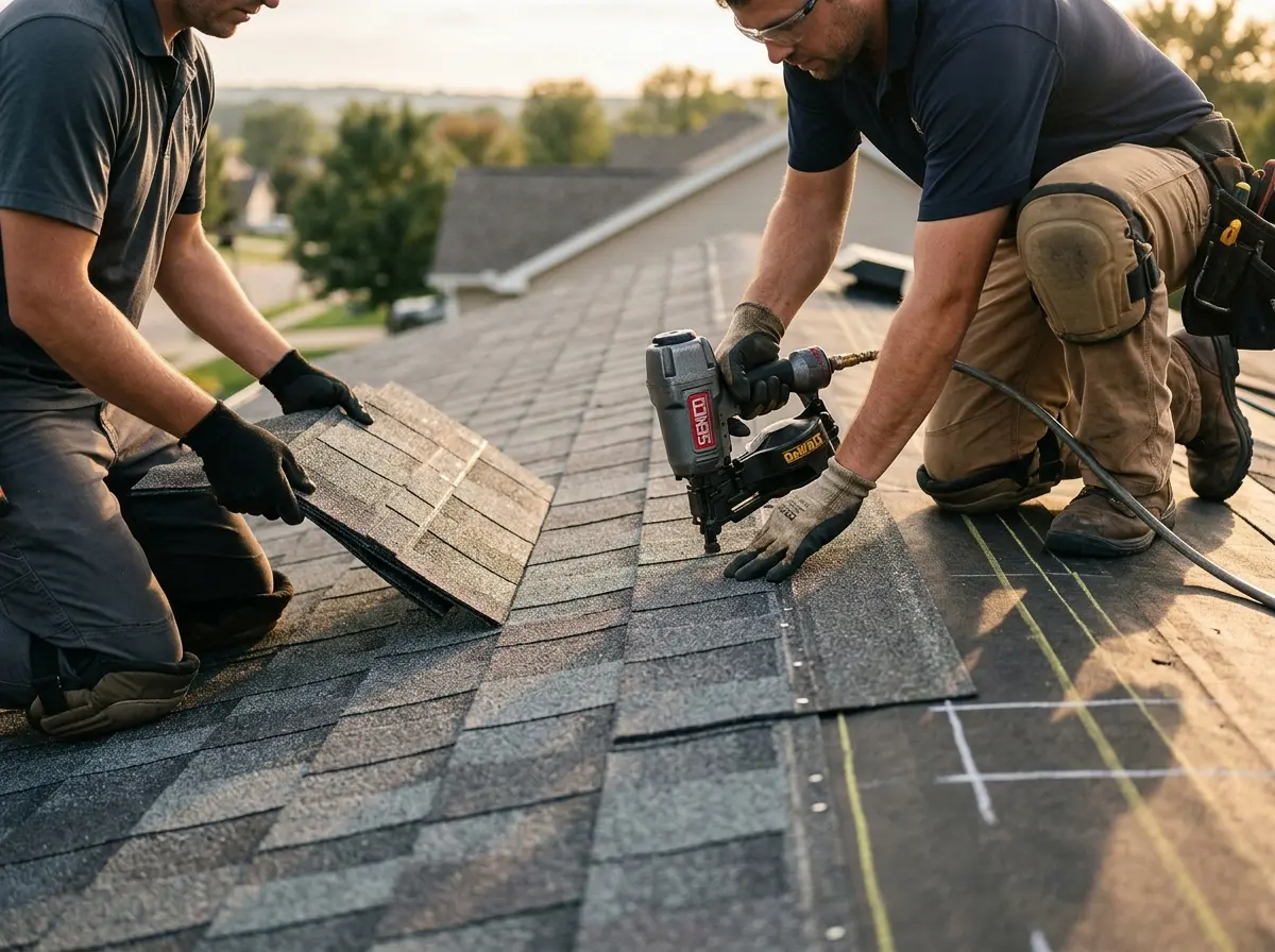 Professional roofer working on a residential roof in Rhinelander